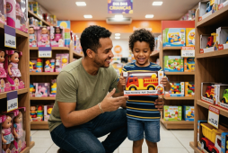 pai e filho em loja de brinquedos felizes por economizar dinheiro no Dia das Crianças