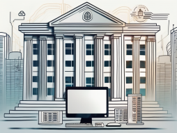 A computer with a bank building on the screen