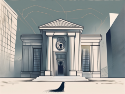 A bank building with a key entering a keyhole