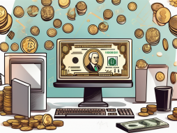 A computer surrounded by various symbols of wealth such as coins