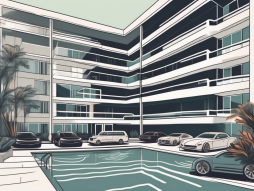 A condominium complex with signs of prosperity such as luxury cars in the parking lot
