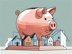 A piggy bank placed on a higher pedestal compared to other objects like a house