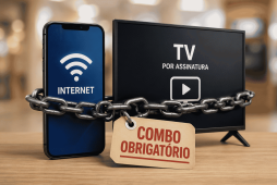 um celular e uma tv amarradas por uma corrente para ilustrar a venda casada