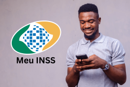 um homem usando o celular ao lado do logotipo do meu inss