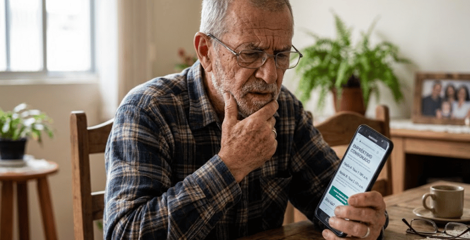 idoso segurando o celular e em dúvida sobre qual banco tem a menor taxa de crédito consignado