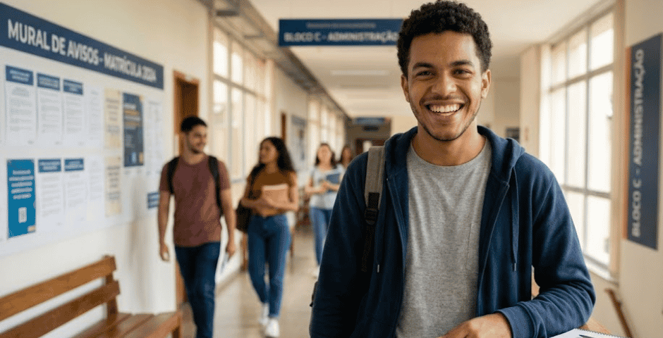 rapaz no corredor da universidade feliz após conseguir um empréstimo estudantil
