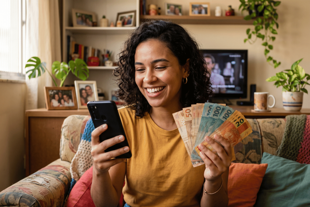uma jovem feliz segurando dinheiro após conseguir um Empréstimo para negativado com garantia de celular
