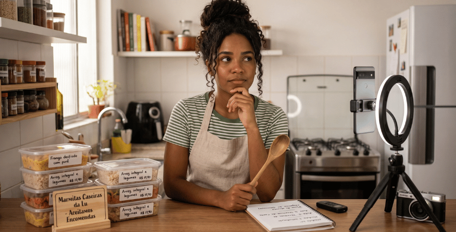 uma jovem na cozinha decidindo Como escolher o melhor produto para vender