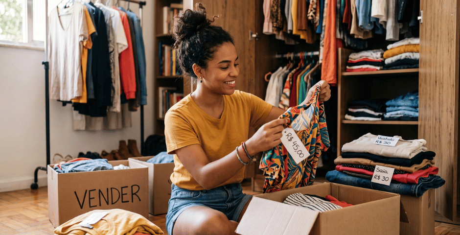 uma jovem separando roupas após ter ideias do que vender para ganhar dinheiro
