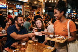 pessoas em um bar enquanto alguém compra doces de uma mulher que precisa vender para ganhar dinheiro