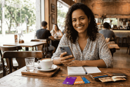 mulher feliz usando o celular para escolher o Melhor banco para abrir conta