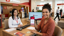 Mulher abrindo (abrir) conta no Bradesco pelo aplicativo no celular
