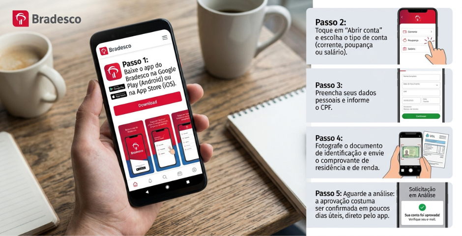 Passo a passo de como abrir conta no Bradesco pelo app, da tela de cadastro ao envio de documentos