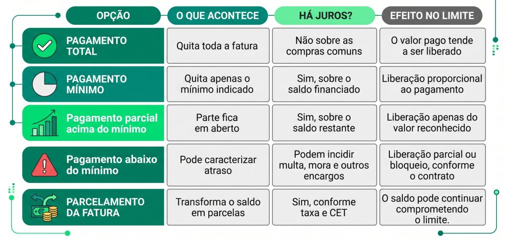Pagamento total, mínimo, parcial ou parcelado qual é a diferença