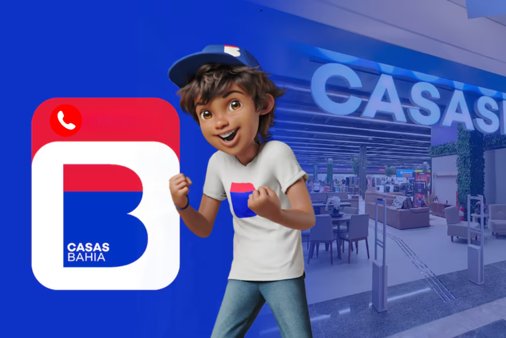 Ícone do app Casas Bahia com telefone e mascote CB: número e SAC da loja
