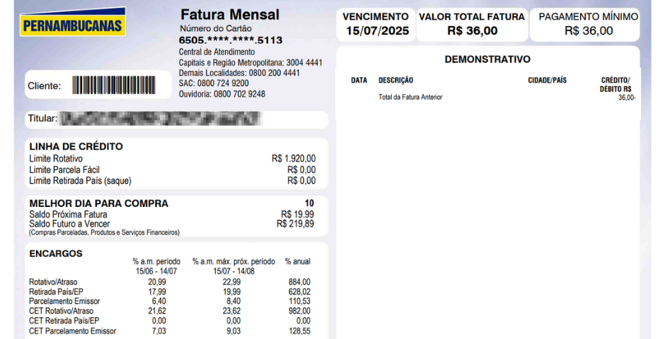 fatura do cartão Pernambucanas