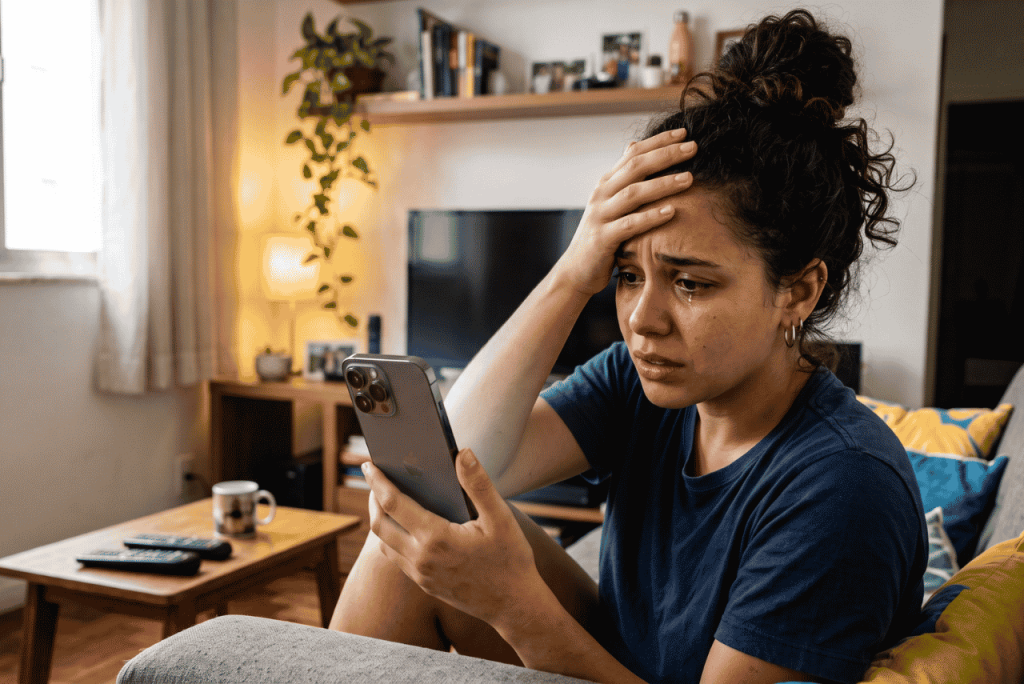 mulher sentada no sofá segurando um celular preocupada buscando descobrir Como fazer estorno de Pix