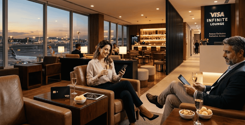 pessoas aproveitando os benefícios visa infinite em uma sala vip
