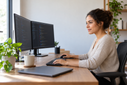 Engenheira de software trabalhando com código em dois monitores