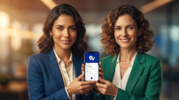 Duas mulheres apresentam um celular com o aplicativo da BV financeira aberto na tela.
