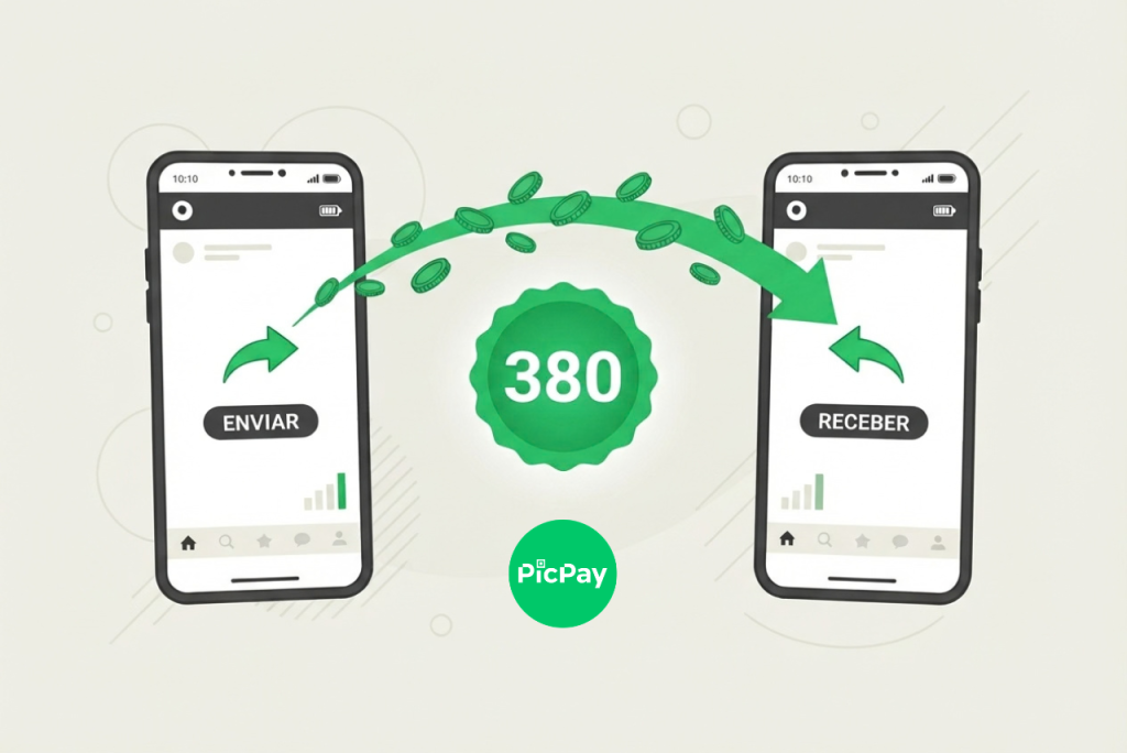 Ilustração de dois celulares fazendo uma transferência com o código do banco PicPay 380 em destaque