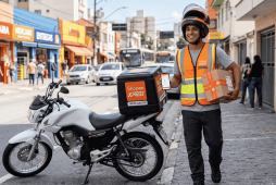 Entregador sorridente ao lado de sua moto com baú da Shopee Xpress em uma rua comercial, ilustrando quanto ganha um entregador da Shopee.