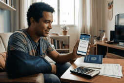 Homem sorrindo em casa com o braço em uma tipóia, segurando um celular que exibe o aplicativo do Plusdin com o cálculo do valor do auxílio-doença acidentário, ao lado de uma calculadora e sua carteira de trabalho sobre a mesa.