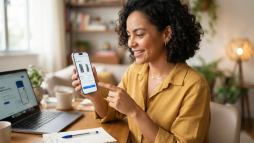 Mulher brasileira sorridente pesquisando preços de celular em um smartphone, sentada à mesa com um notebook e caderno.