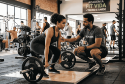 um personal auxiliando a sua aluna na academia para ilustrar Qual o preço de um personal trainer