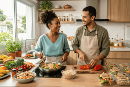um casal cozinhando um Cardápio semanal econômico