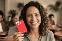 mulher sorrindo e segurando o Cartão iFood Benefícios