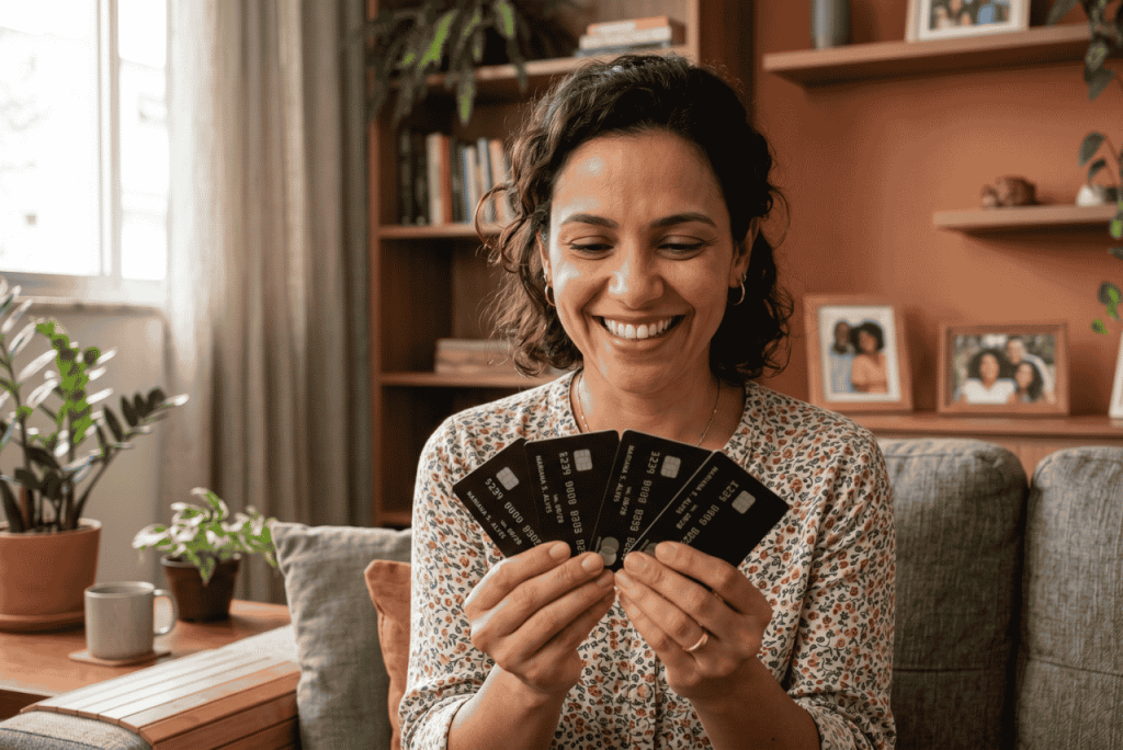 uma mulher segurando Cartões com 4 adicionais