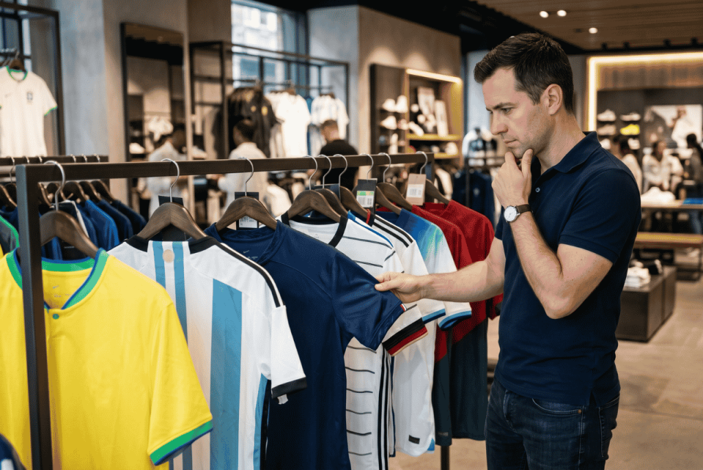 um homem em frente a uma arara de roupas representando Quanto custa uma camisa oficial de seleção em diferentes países