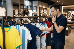 um homem em frente a uma arara de roupas representando Quanto custa uma camisa oficial de seleção em diferentes países