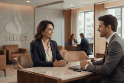 uma mulher sendo atendida pelo gerente de uma agência Santander Select