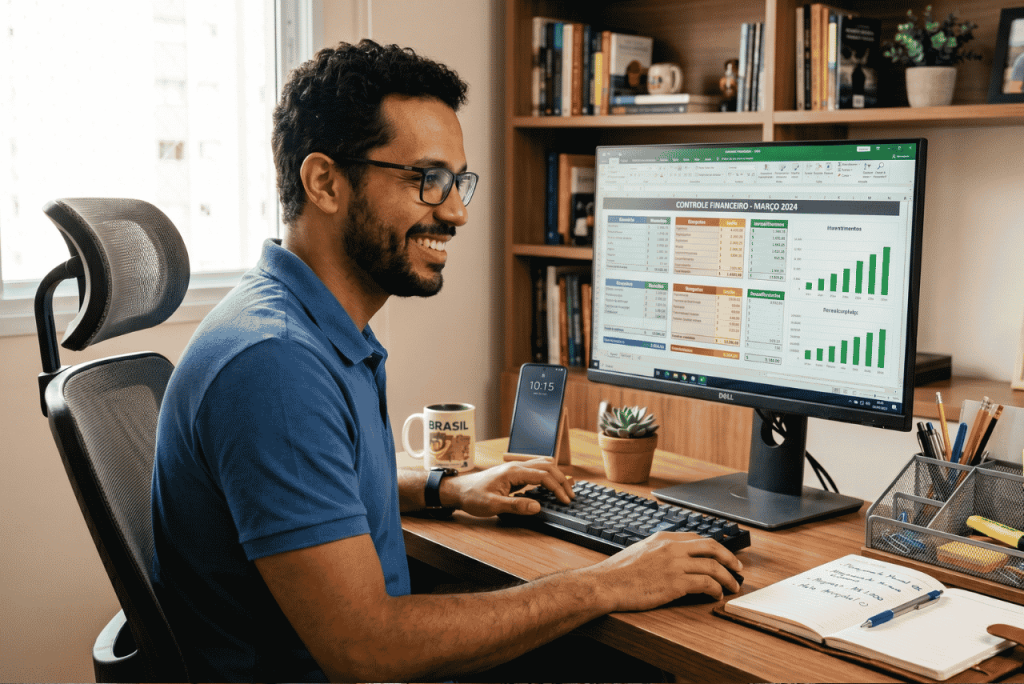 homem usando uma planilha de controle financeiro para representar os hábitos financeiros saudáveis