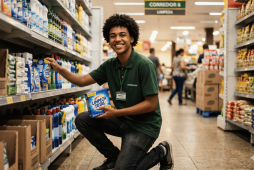 um jovem trabalhando em um supermercado para representar quanto ganha um repositor de supermercado