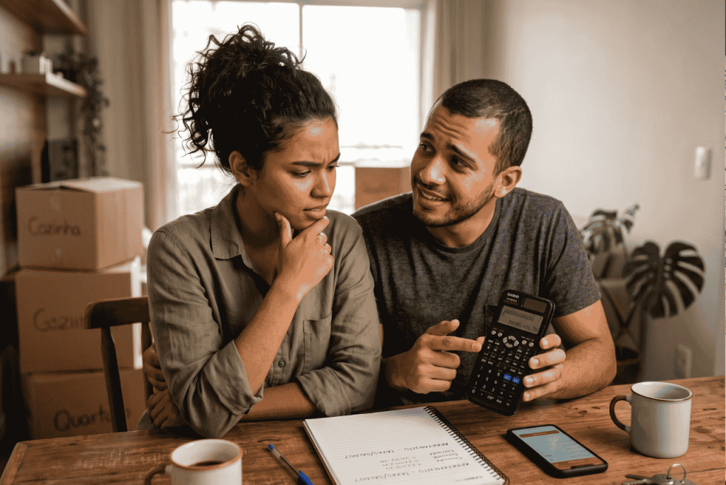 casal usando calculadora em dúvida sobre 360 meses são quantos anos