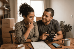 casal usando calculadora em dúvida sobre 360 meses são quantos anos