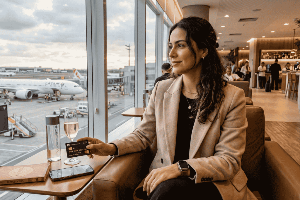 mulher na janela de uma sala vip de aeroporto segurando um Cartão Black fácil de aprovar