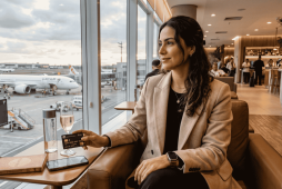 mulher na janela de uma sala vip de aeroporto segurando um Cartão Black fácil de aprovar