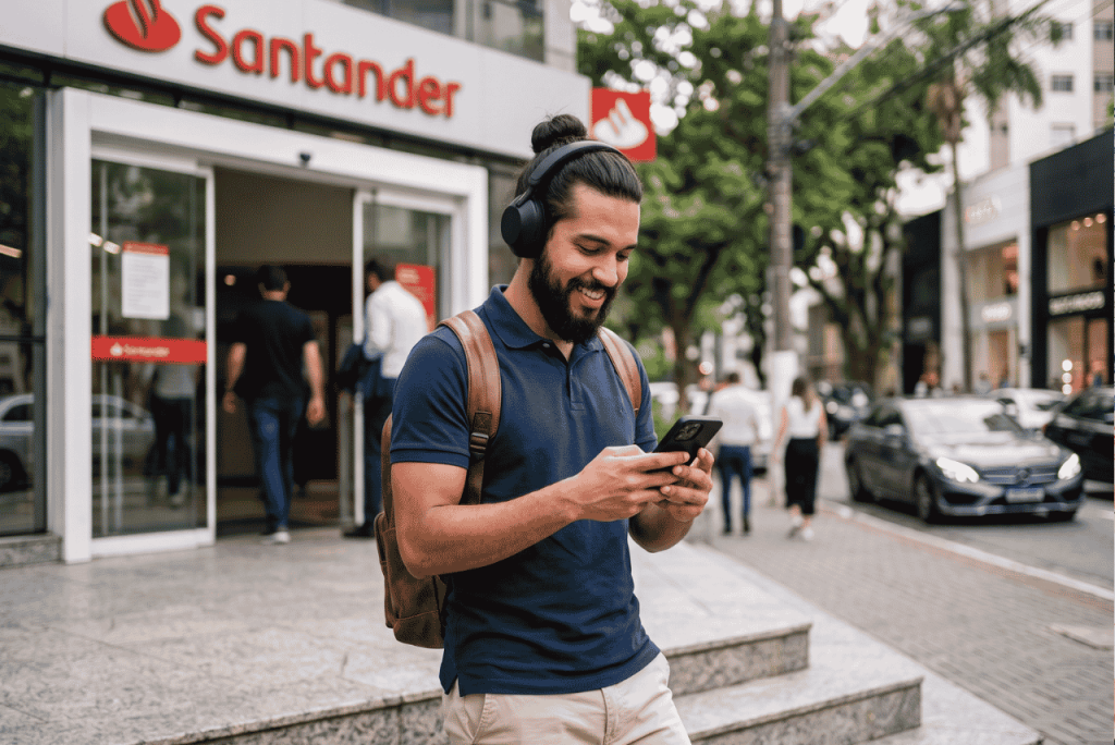 Homem saindo do banco após contratar o Crédito pessoal Santander