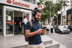 Homem saindo do banco após contratar o Crédito pessoal Santander
