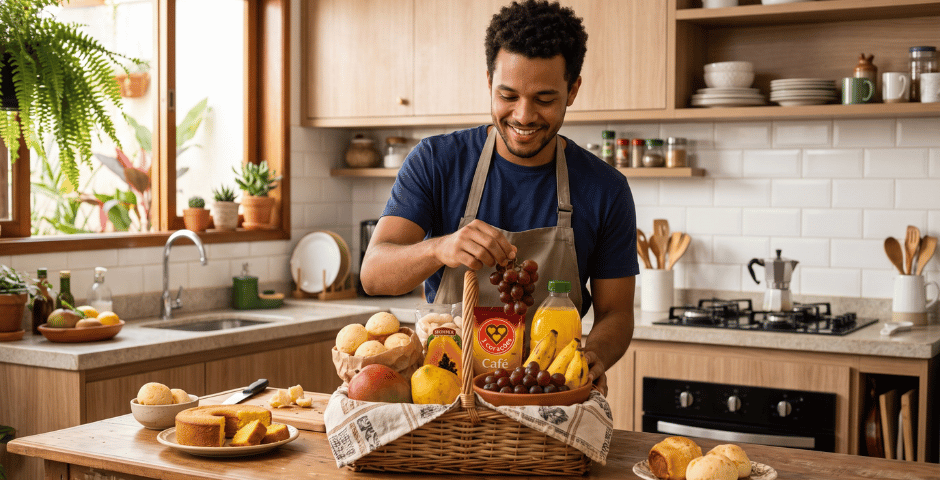 homem na cozinha montando uma cesta de café da manhã barata