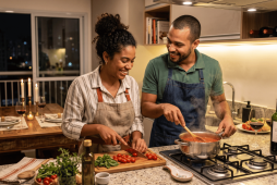 casal na cozinha preparando uma refeição para representar Como organizar um jantar romântico em casa gastando pouco