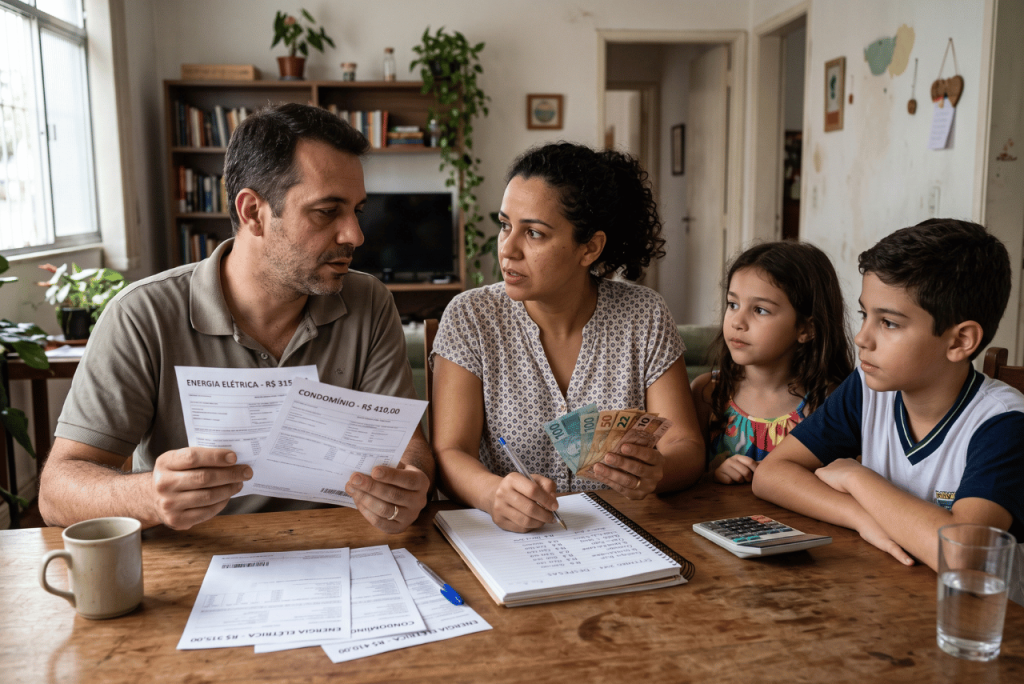um casal fazendo um planejamento financeiro para representar Quanto custa manter uma casa com filhos