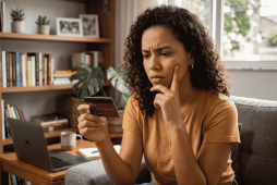 mulher olhando para um cartão de crédito com expressão de dúvida querendo saber quanto custa atingir o break-even dos cartões black no Brasil
