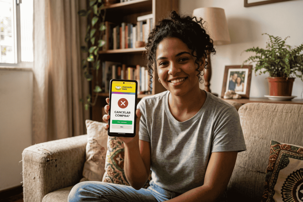 mulher feliz segurando o celular após cancelar compra Mercado Livre