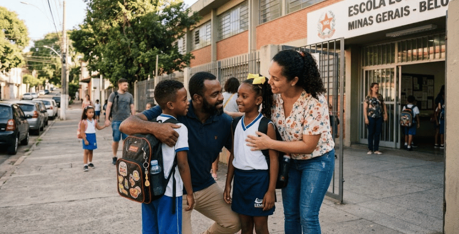 família deixando filhos na escola representando custo família com filhos