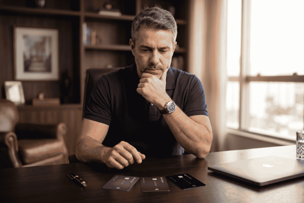 um homem sentado em uma mesa tentando escolher entre os Melhores cartões com pontos do Banco Santander